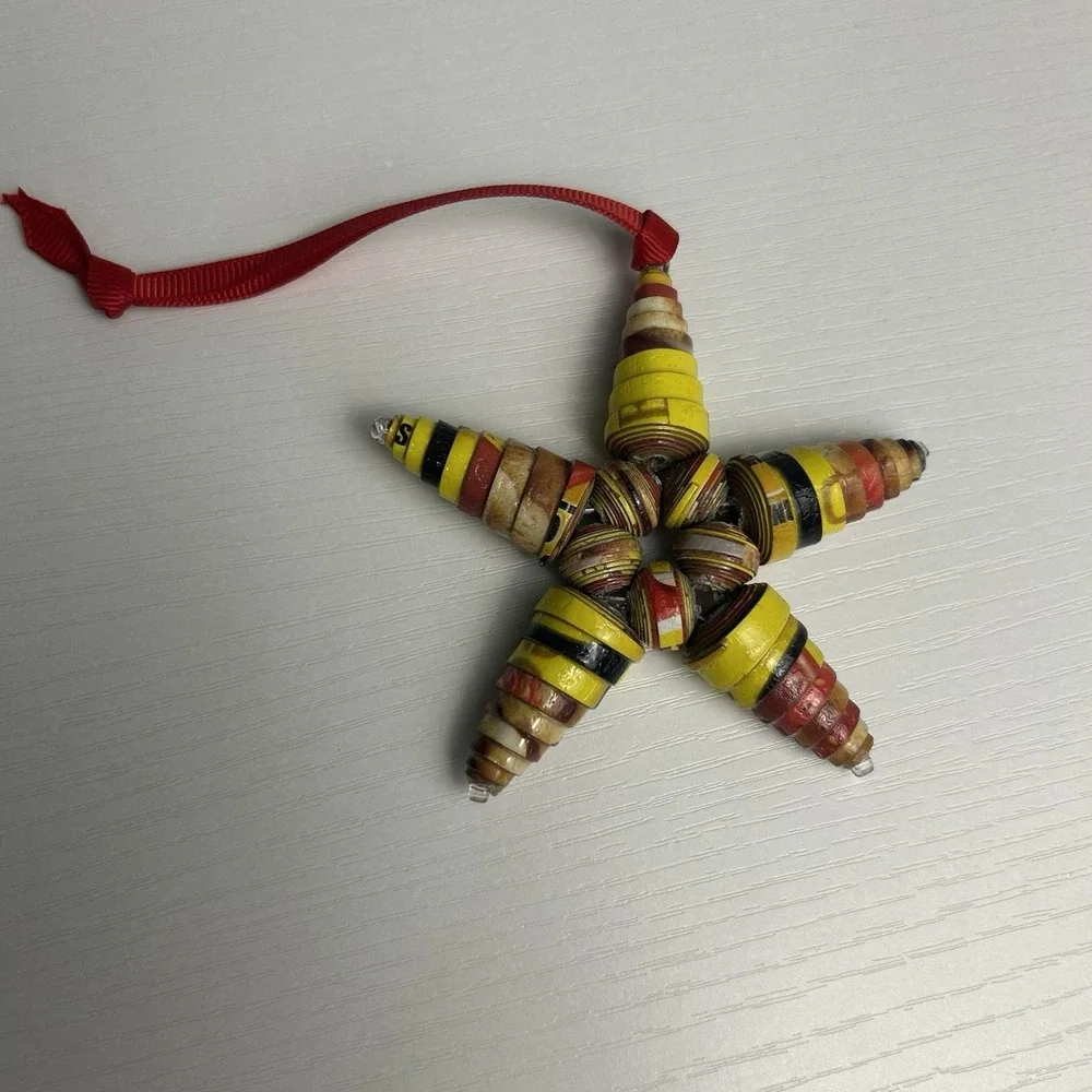 Recycled Paper Cardboard Bead Handmade Star Ornament Yellow, Red, Black